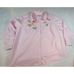 Quacker Factory Embroidered Springtime Striped Shirt  Size S Light Coral